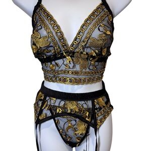 KILO BRAVA Bralette Thong Garter Belt Set Lioness Black Gold Embroidery NWT M L